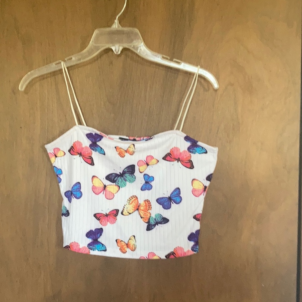 Rue21 top ribbed butterfly print crop top cropped spaghetti straps L jrs - Picture 9 of 14